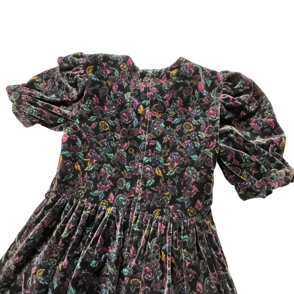 Vintage Floral Velvet Dress Girls 8/10 Black Basque Waist Cottagecore Romantic